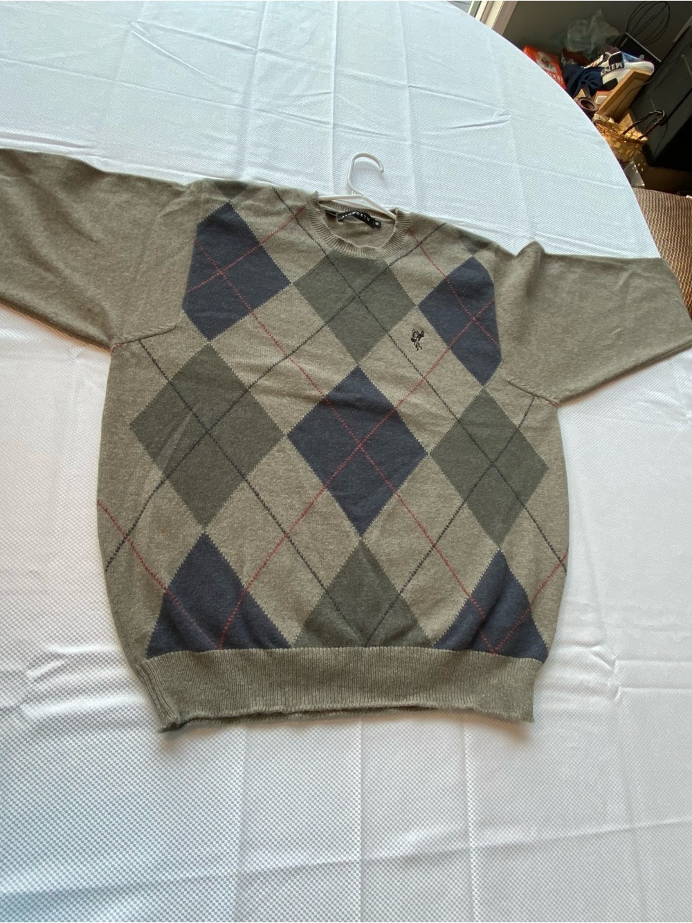Coastal Mens Scottish wool angora Argyle Crewneck Sweater - Taupe & Navy Outland